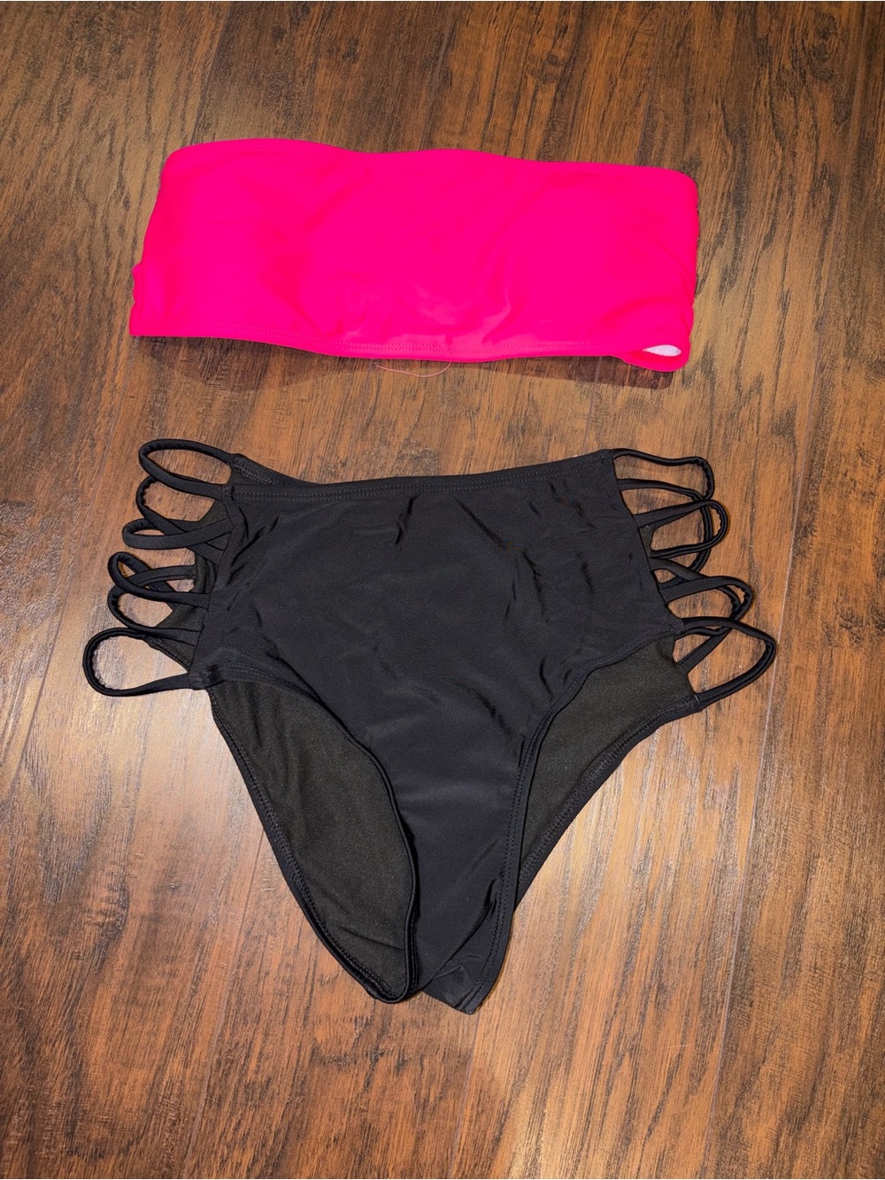 High-Waist Black Bikini Bottom with Hot Pink Bandeau Top